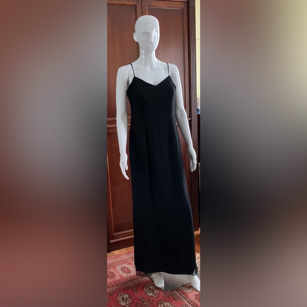Silk & Cashmere 100% Silk black maxi party dress spaghetti straps Eu L US size L